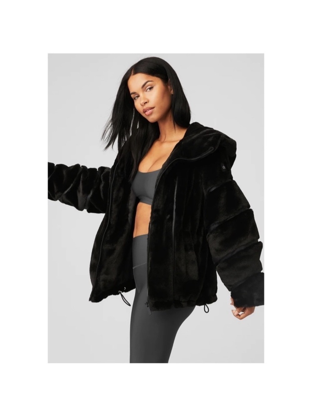 ALO Yoga Black Faux Fur Hooded Puffer Jacket